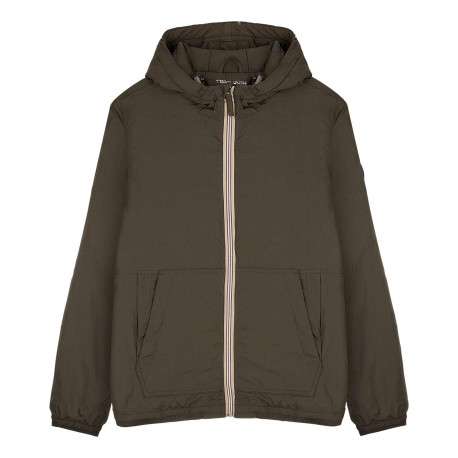 Blouson déperlant kaki avec zip tricolore, col à capuche et 4 poches