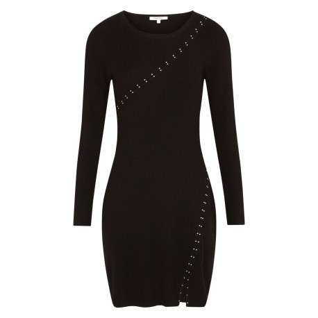 Robe courte noire unie à coupe ajustée avec col rond et manches longues