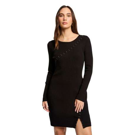 Robe courte noire unie à coupe ajustée avec col rond et manches longues - Image 4