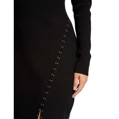 Robe courte noire unie à coupe ajustée avec col rond et manches longues - Image 5