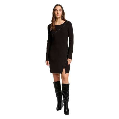 Robe courte noire unie à coupe ajustée avec col rond et manches longues - Image 6