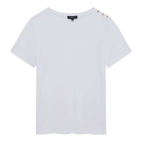 T-shirt en coton blanc uni droit à col v et boutons dorés décoratifs