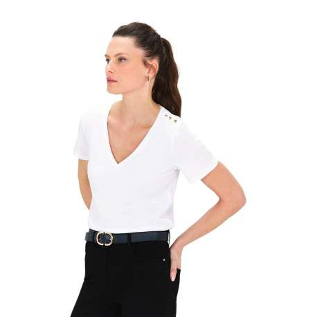 T-shirt en coton blanc uni droit à col v et boutons dorés décoratifs - Image 3