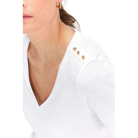 T-shirt en coton blanc uni droit à col v et boutons dorés décoratifs - Image 4