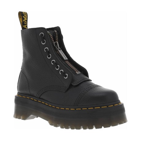 Boots en cuir noires à talon plateau avec un zip et revêtement en grains