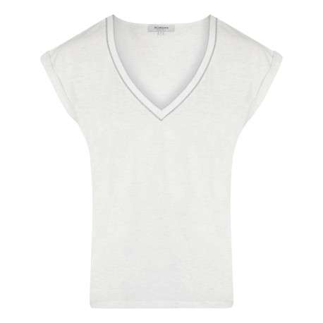 T-shirt manches courtes écru à coupe droite et col v avec liserés métallisés