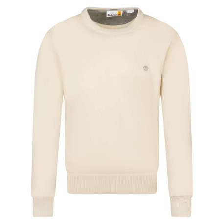Pull en coton écru maille piquée avec un col rond et le logo brodé à la poitrine