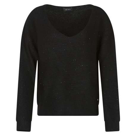 Pull noir pailleté doux épais avec une coupe droite et un col v