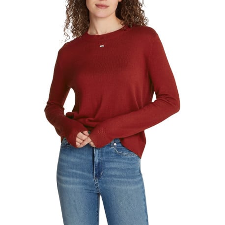 Pull rouge uni droit à col rond et à manches longues avec broderie - Image 4