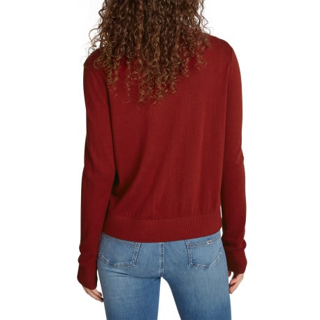 Pull rouge uni droit à col rond et à manches longues avec broderie - Image 5