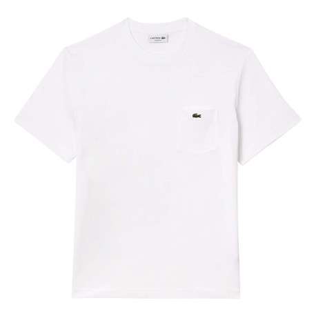T-shirt manches courtes en coton blanc uni avec col rond, poche et logo brodé