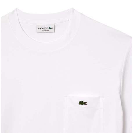 T-shirt manches courtes en coton blanc uni avec col rond, poche et logo brodé - Image 2