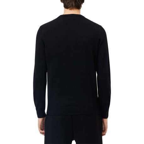 Pull en coton noir en maille piquée à coupe ajustée avec col rond et logo cousu - Image 2