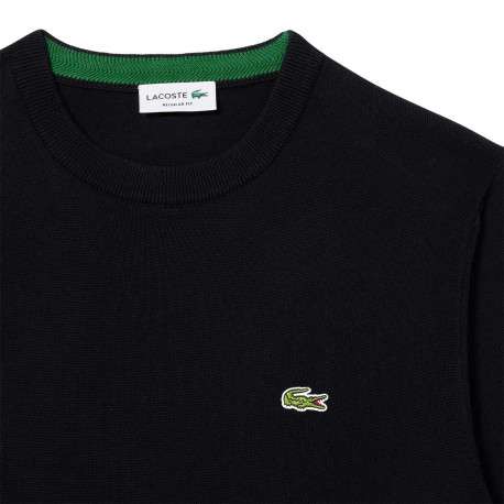 Pull en coton noir en maille piquée à coupe ajustée avec col rond et logo cousu - Image 5