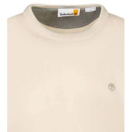 Pull en coton écru maille piquée avec un col rond et le logo brodé à la poitrine - Image 3