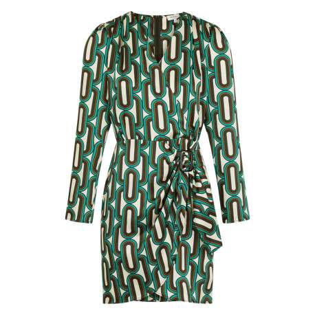 Robe courte satinée verte imprimée avec une coupe ajustée et un col cache-coeur
