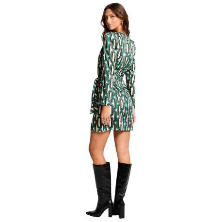 Robe courte satinée verte imprimée avec une coupe ajustée et un col cache-coeur - Image 2