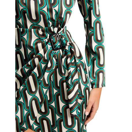 Robe courte satinée verte imprimée avec une coupe ajustée et un col cache-coeur - Image 3