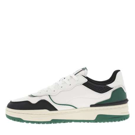 Sneakers blanches et vertes à semelle plate avec lacets plats et logos embossés