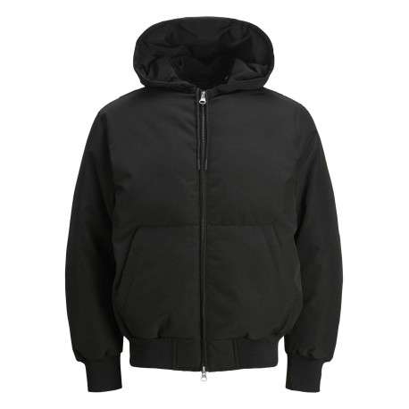 Blouson noir uni à coupe droite avec un col à capuche et fermeture zippée
