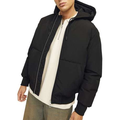 Blouson noir uni à coupe droite avec un col à capuche et fermeture zippée - Image 4