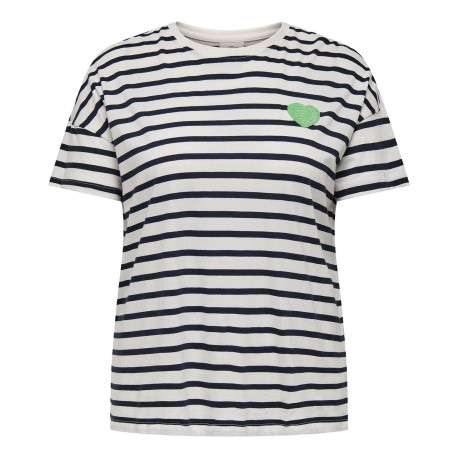 T-shirt en coton noir rayé avec une coupe droite, col rond et coeur vert