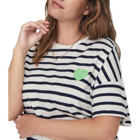 T-shirt en coton noir rayé avec une coupe droite, col rond et coeur vert - Image 3