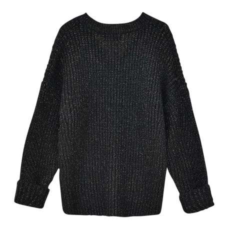 Pull noir uni avec une coupe droite à col v et des manches longues - Image 2