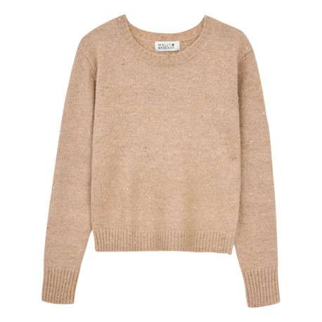 Pull beige uni avec une coupe droite à col rond et des manches longues