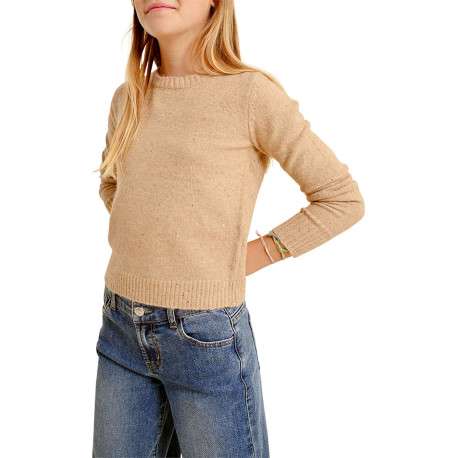Pull beige uni avec une coupe droite à col rond et des manches longues - Image 2