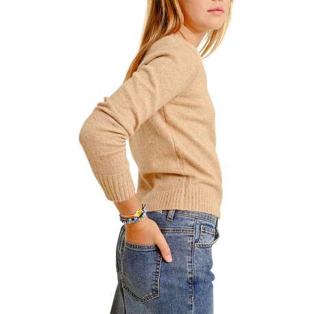 Pull beige uni avec une coupe droite à col rond et des manches longues - Image 3