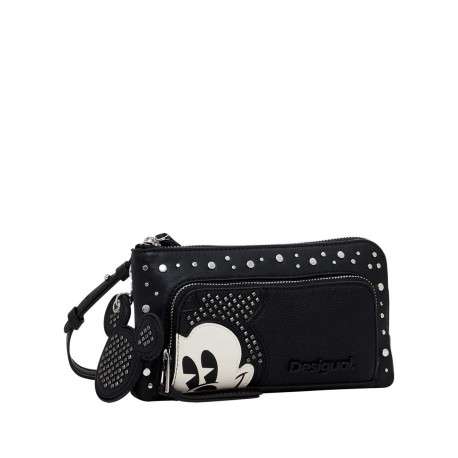 Sac bandoulière noir effet cuir avec poches zippées et visage de Mickey brodé