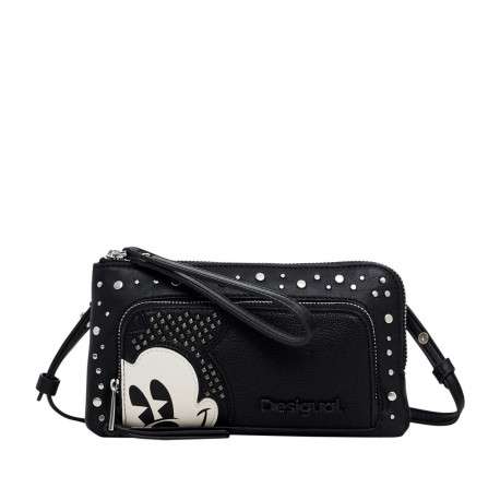 Sac bandoulière noir effet cuir avec poches zippées et visage de Mickey brodé - Image 2