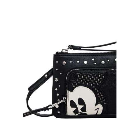 Sac bandoulière noir effet cuir avec poches zippées et visage de Mickey brodé - Image 4