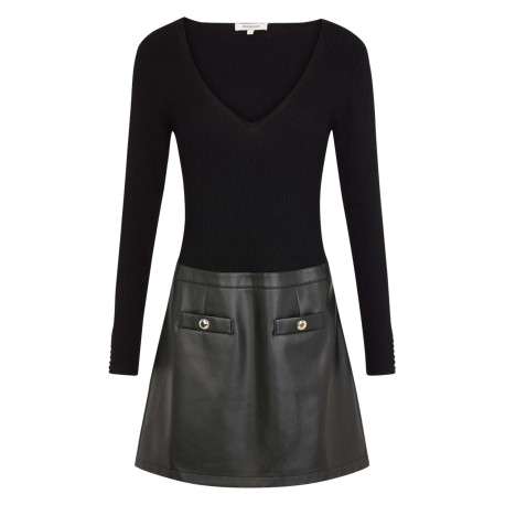 Robe courte noire bi-matière avec une coupe ajustée, col v et à manches longues