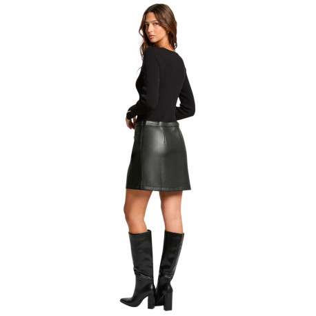 Robe courte noire bi-matière avec une coupe ajustée, col v et à manches longues - Image 2