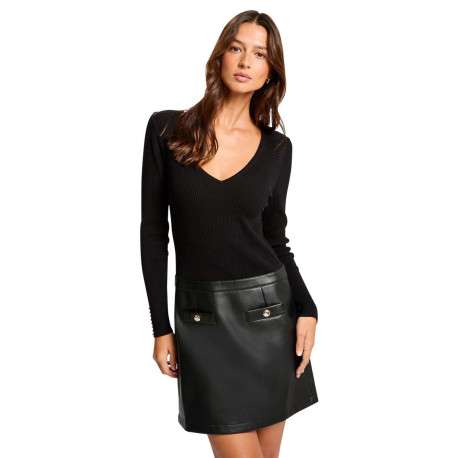 Robe courte noire bi-matière avec une coupe ajustée, col v et à manches longues - Image 4