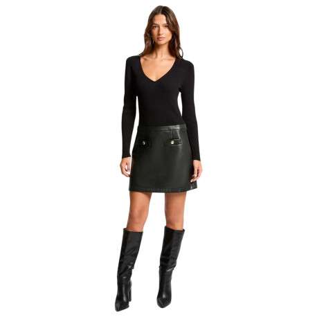 Robe courte noire bi-matière avec une coupe ajustée, col v et à manches longues - Image 5