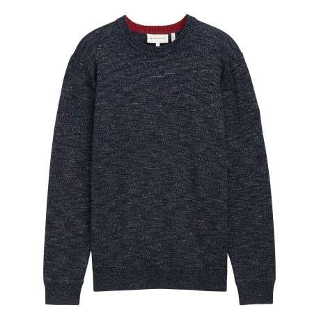 Pull marine uni avec une coupe droite, col rond et à manches longues