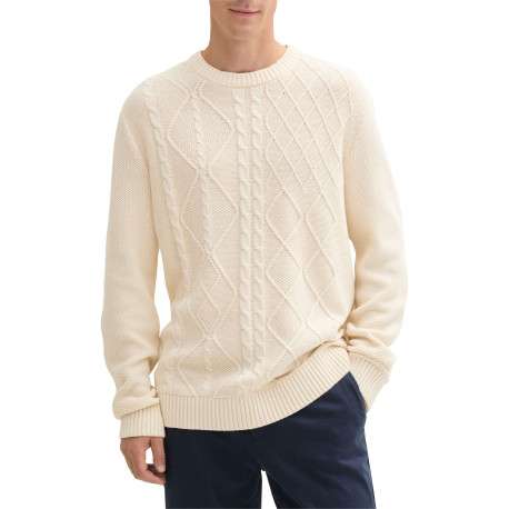 Pull écru uni droit à col rond et à manches longues en mailles torsadées