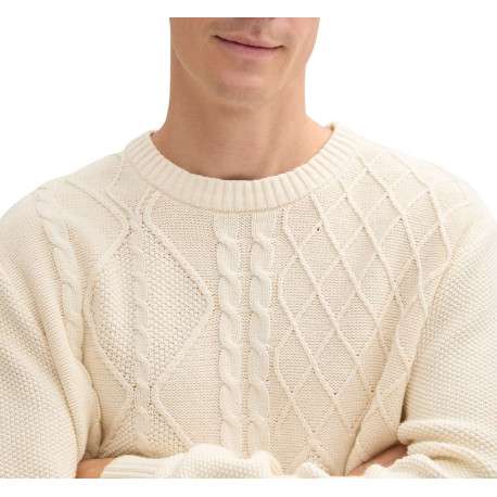 Pull écru uni droit à col rond et à manches longues en mailles torsadées - Image 3