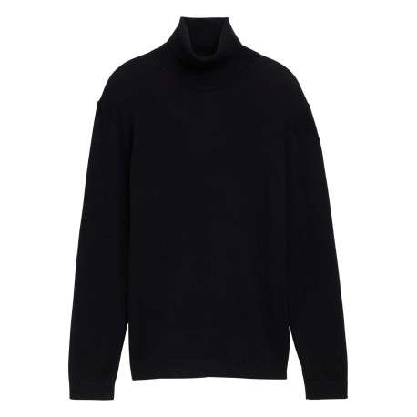 Pull en coton noir uni droit à col roulé avec extrémités en bord-côte