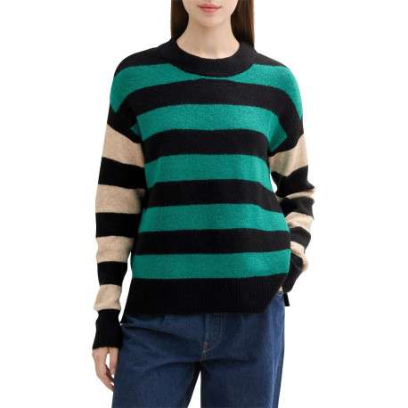 Pull vert à rayures noires et beiges avec une coupe droite et à manches longues