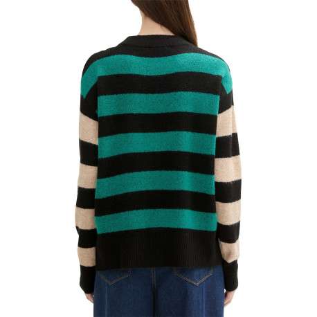 Pull vert à rayures noires et beiges avec une coupe droite et à manches longues - Image 2