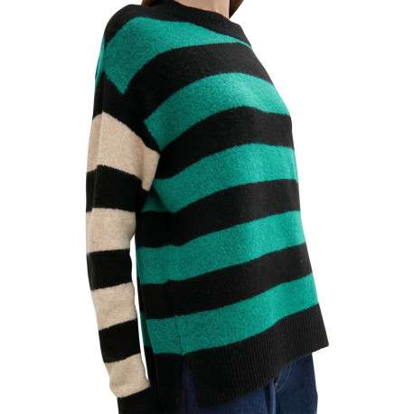 Pull vert à rayures noires et beiges avec une coupe droite et à manches longues - Image 3