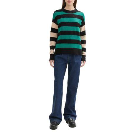 Pull vert à rayures noires et beiges avec une coupe droite et à manches longues - Image 4