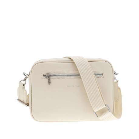 Sacoche écrue unie zippée avec bandoulière réglable en tissu et logo embossé - Image 3