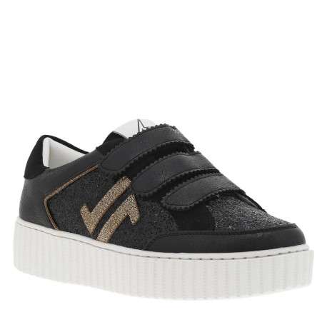 Baskets tennis noires à talon plat et à bande velcro avec paillettes noires - Image 3