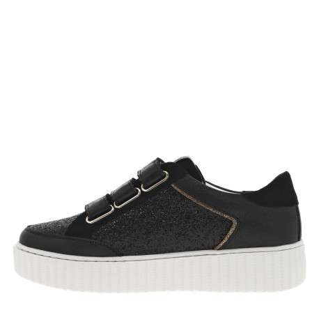 Baskets tennis noires à talon plat et à bande velcro avec paillettes noires