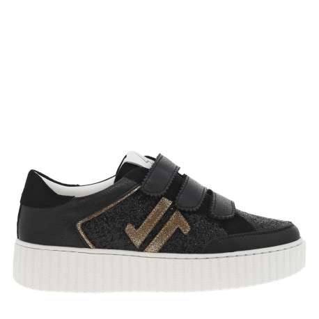 Baskets tennis noires à talon plat et à bande velcro avec paillettes noires - Image 2